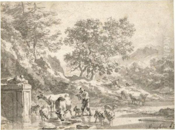 A Shepherd Playing The Flute, Crossing A Ford With His Flock Oil Painting by Nicolaes Berchem