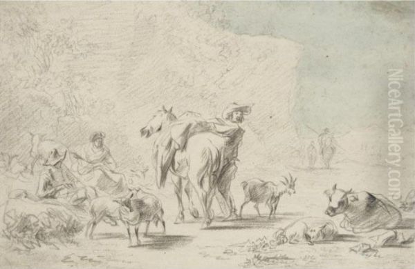 Three Herdsmen Resting In A Landscape With Their Animals Oil Painting by Nicolaes Berchem