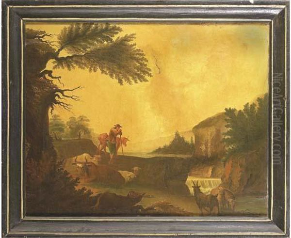 Un Berger Gardant Son Troupeau Au Bord D'une Cascade Oil Painting by Nicolaes Berchem