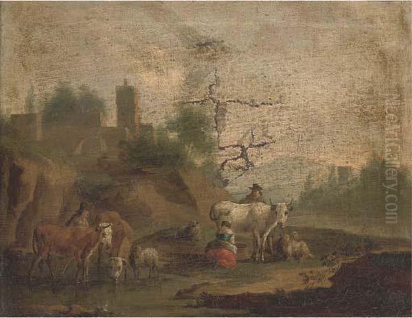 A Landscape With A Milkmaid Oil Painting by Nicolaes Berchem