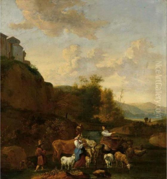 Shepherdesses And Their Flock In An Italianate Landscape Oil Painting by Nicolaes Berchem