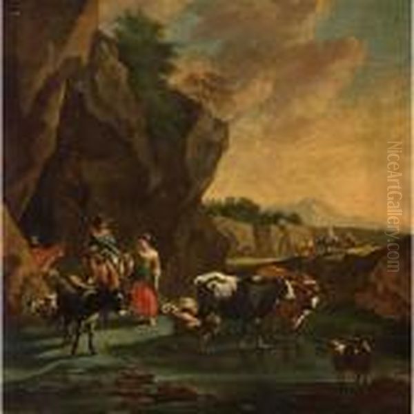 A Shepherd And Shepherdess With Their Herd In An Italianate Landscape Oil Painting by Nicolaes Berchem