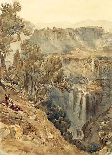 A view of Tivoli with an Italian peasant resting near a cliff Oil Painting by Paul Huet