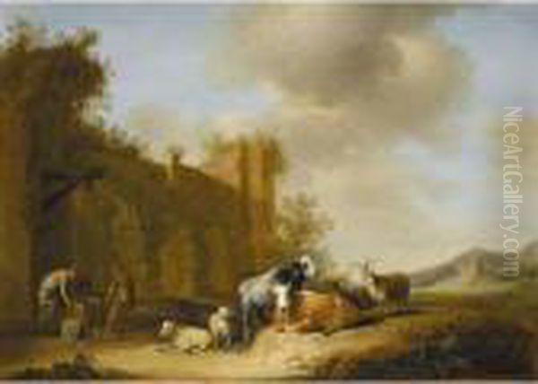 Goats Cows And Sheep In A 
Landscape With Three Men Working At A Well 
Nearby Oil Painting by Nicolaes Berchem