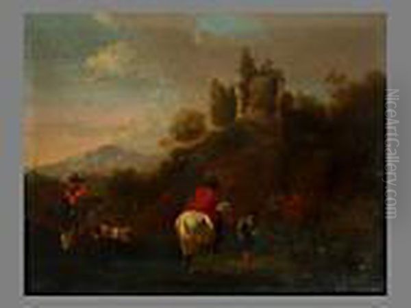 Hirten Vor Tiefer Landschaft Und Turm Oil Painting by Nicolaes Berchem