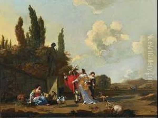 An Elegant Couple And Animals In An Estate Garden Oil Painting by Nicolaes Berchem