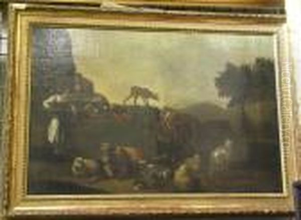 Landskap Med Figurer Och Boskap. Oil Painting by Nicolaes Berchem