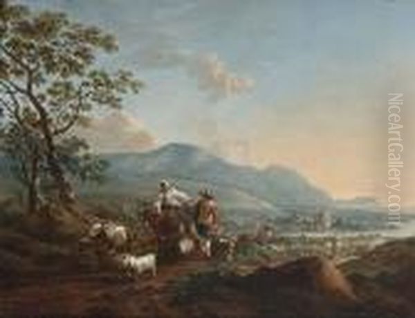 River Landscape With Shepherds 
Driving Their Herd In The Foreground Oil Painting by Nicolaes Berchem