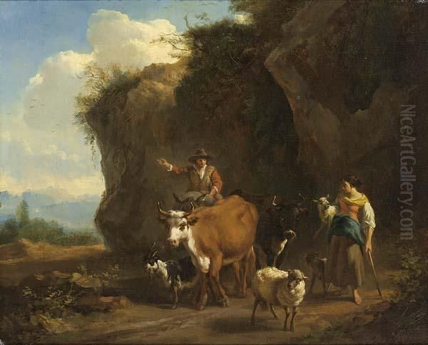 Shepherds With Their Flock In An Italian Rocky Landscape Oil Painting by Nicolaes Berchem