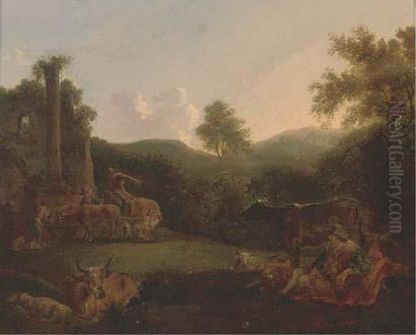 A Wooded Landscape Oil Painting by Nicolaes Berchem