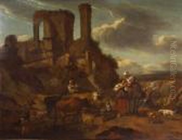 Paesaggio Laziale Con Rovine,
Pastori Ed Armenti Oil Painting by Nicolaes Berchem