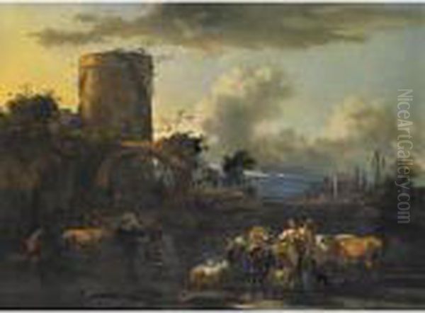 An Evening Landscape With Drovers And Their Animals By A River Oil Painting by Nicolaes Berchem