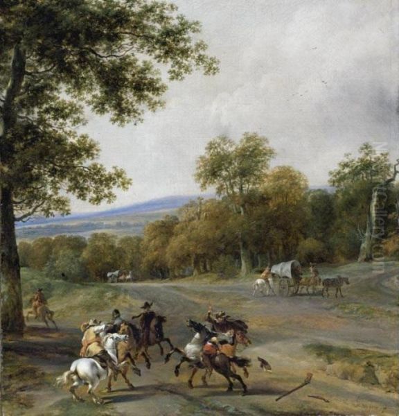 A Landscape With Horsemen Attacking Travellers Near The Margin Of A Wood Oil Painting by Nicolaes Berchem