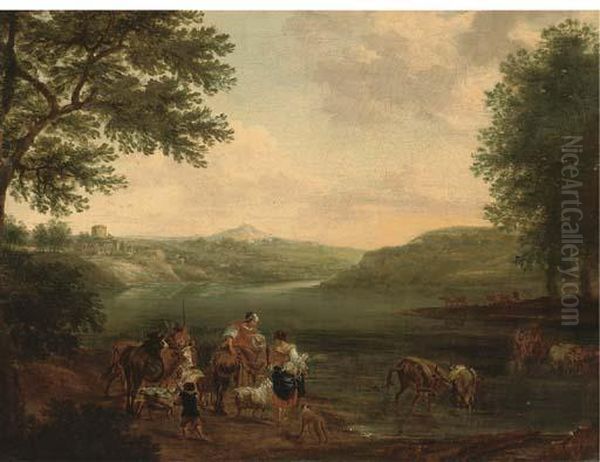 An Italianate Landscape With Peasants And Their Cattle Fording Ariver Oil Painting by Nicolaes Berchem