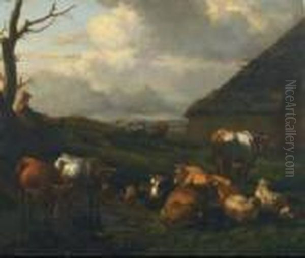 Drover With Sheep And Cattle Resting Outside A Cottage Oil Painting by Nicolaes Berchem