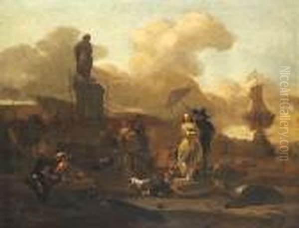 A Harbor Scene With An Elegant Lady On The Shore Oil Painting by Nicolaes Berchem