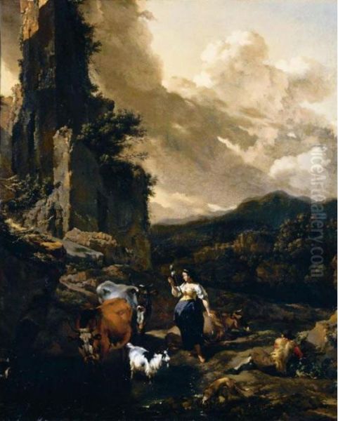 An Italianate Landscape With 
Animals, A Shepherd And A Peasant Woman Holding A Distaff By Ruins Oil Painting by Nicolaes Berchem