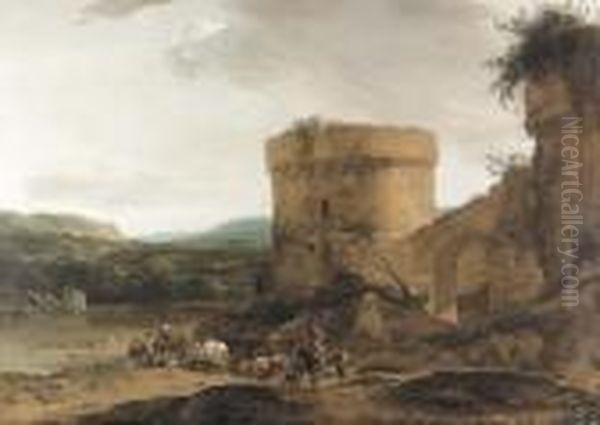 Flusslandschaft Mit Plautiergrabmal Und Staffage. Oil Painting by Nicolaes Berchem