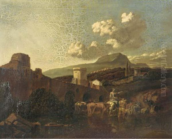 An Italianate Landscape With Drovers And Their Cattle Fording Ariver Oil Painting by Nicolaes Berchem