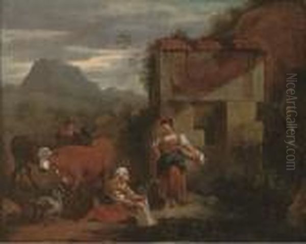 Peasants With Cattle, A Mountainous Landscape Beyond Oil Painting by Nicolaes Berchem