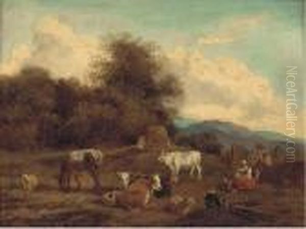 Cattle In A Landscape Oil Painting by Nicolaes Berchem