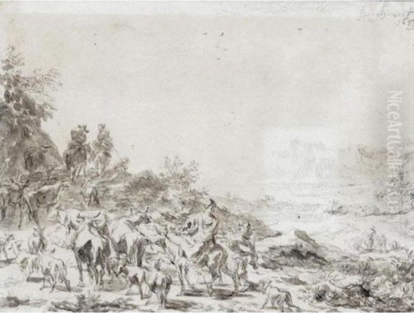 Herdsmen Driving Their Cattle Through A Landscape Oil Painting by Nicolaes Berchem