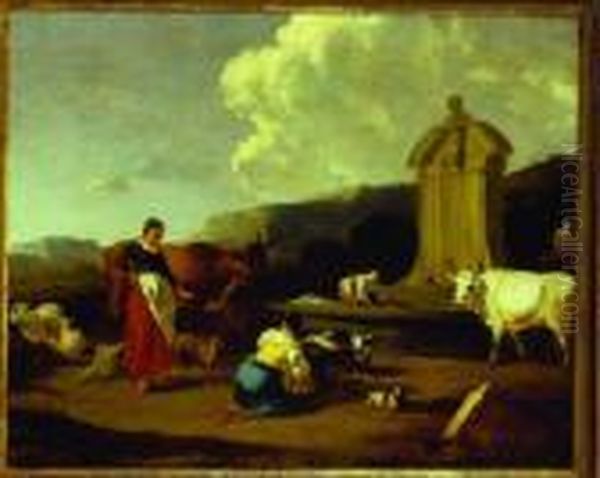 Washer Woman And Livestock At A Fountain Oil Painting by Nicolaes Berchem