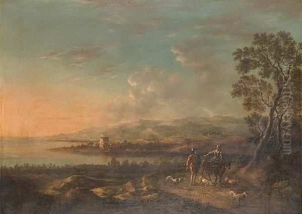 A Capriccio Landscape With Figures On A Path Oil Painting by Nicolaes Berchem