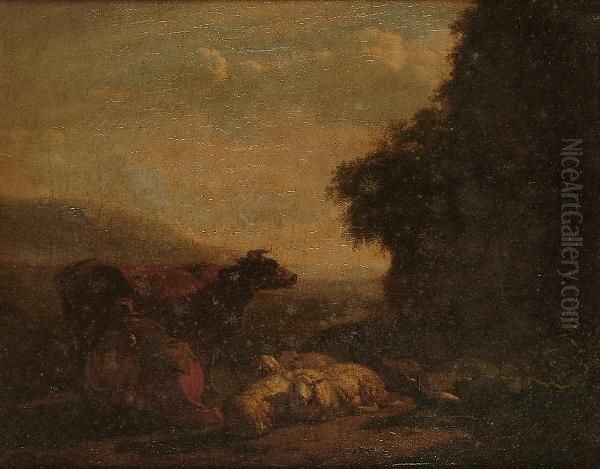 A Woman Milking A Cow With Sheep And Goats Beside Her Oil Painting by Nicolaes Berchem