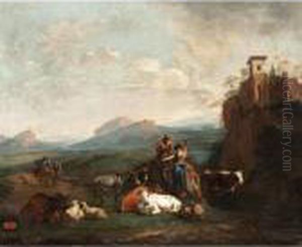 Extensive Italianate Landscape With Drovers And Their Animals Beside A Stream Oil Painting by Nicolaes Berchem