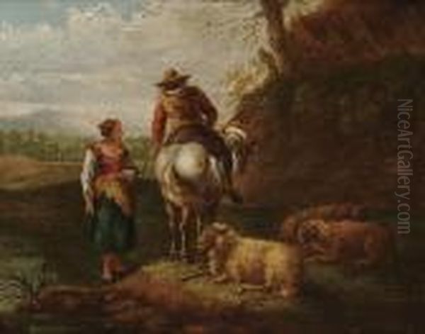 A Shepherd And Shepherdess With 
Their Flock In A Landscape; A Drover Resting Beside A Stream Oil Painting by Nicolaes Berchem