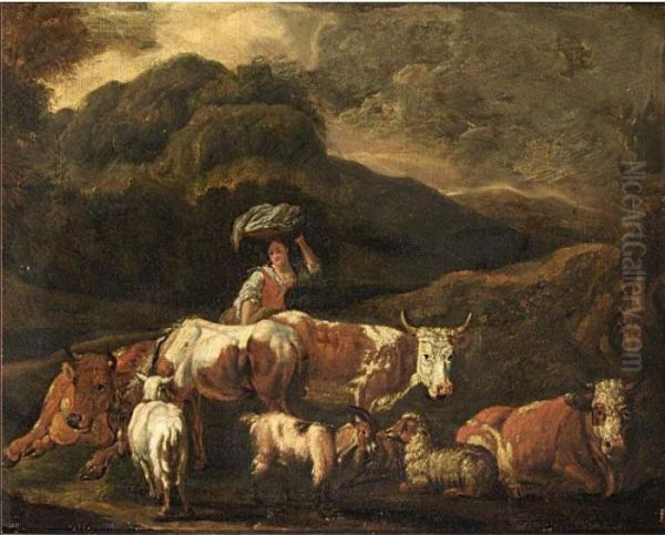 A Mountainous Landscape With A Shepherdess Tending Her Herd Oil Painting by Nicolaes Berchem