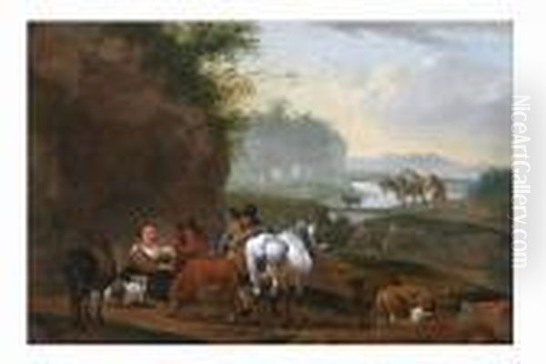 Herdsmen And Cattle Resting Before A River Landscape Oil Painting by Nicolaes Berchem