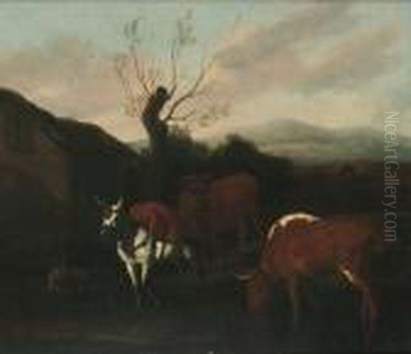 A Herdsman With Cattle, A Mule And A Goat Near A Cottage Oil Painting by Nicolaes Berchem