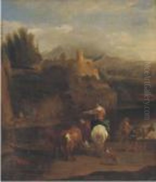 A River Landscape With A Drover, His Cattle And Other Figures Oil Painting by Nicolaes Berchem