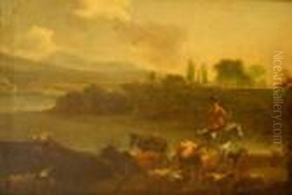 Paesaggio Fluviale
Con Pastore A Cavallo E Armenti Oil Painting by Nicolaes Berchem