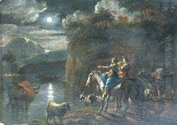 A Moonlit Scene With Figures And Animals By A Lakeside. Oil Painting by Nicolaes Berchem