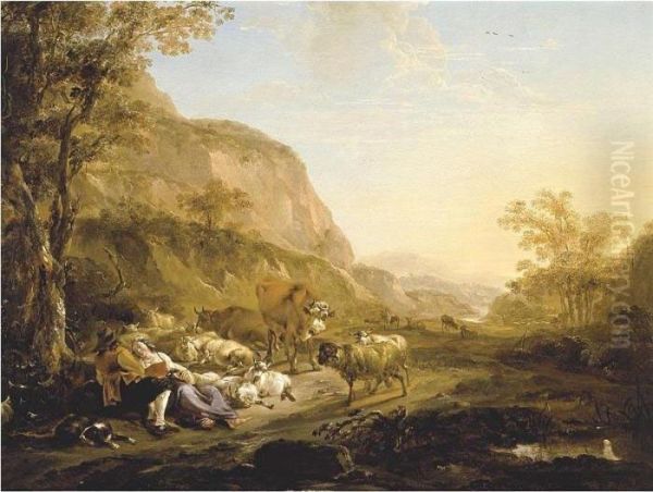 An Evening Landscape With A 
Couple Resting Below A Tree Surrounded By Cattle, Goats And Sheep Oil Painting by Nicolaes Berchem