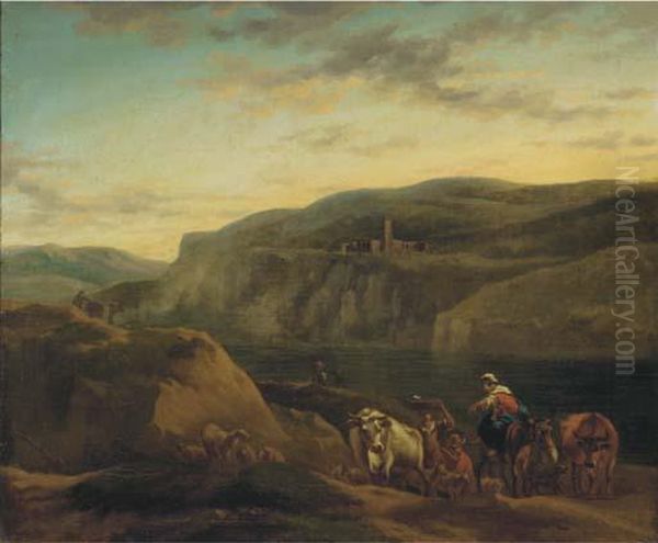 An Italianate Landscape With Shepherds And Their Flocks Oil Painting by Nicolaes Berchem