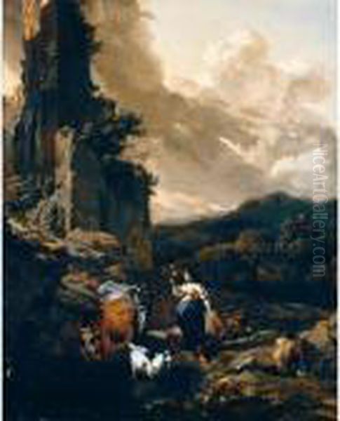 An Italianate Landscape With 
Animals, A Shepherd And A Paesant Woman Holding A Distaff By Ruins Oil Painting by Nicolaes Berchem