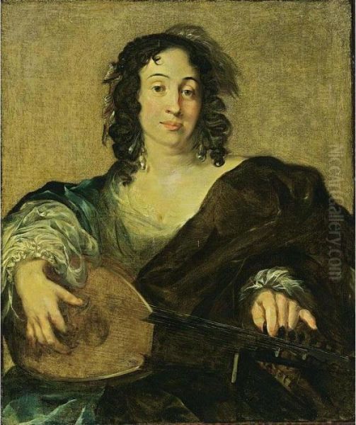 A Young Woman Tuning A Lute Oil Painting by Nicolaes Berchem