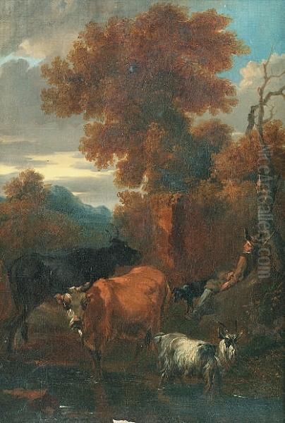 A Drover Resting Beside A Stream With His Cattle And A Goat Nearby Oil Painting by Nicolaes Berchem