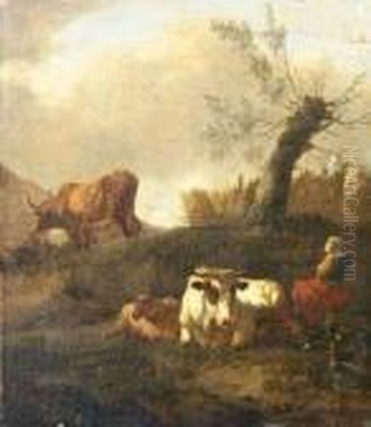 Livestock And Seated Drover In A Landscape Oil Painting by Nicolaes Berchem