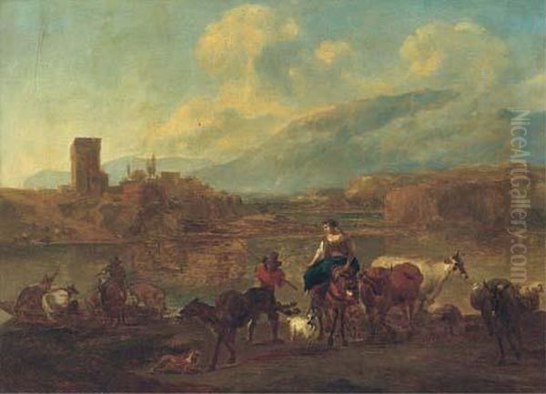 An Italianate Landscape With 
Cattle, Drovers And Travellerscrossing A Ford, A Village Beyond Oil Painting by Nicolaes Berchem