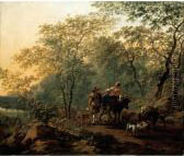 An Italianate Landscape With A 
Lady Riding An Ox And A Drover Walking Beside With His Animals Oil Painting by Nicolaes Berchem