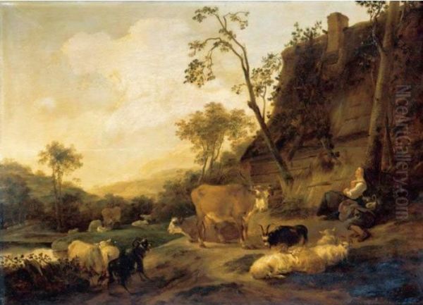 An Italianate Landscape With Figures And Their Animals Beside A Cottage Oil Painting by Nicolaes Berchem