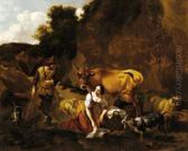 A Drover And His Flock Beside A Stream With A Washerwoman Nearby Oil Painting by Nicolaes Berchem