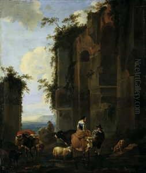 Hirten Vor Romischen Ruinen. Oil Painting by Nicolaes Berchem