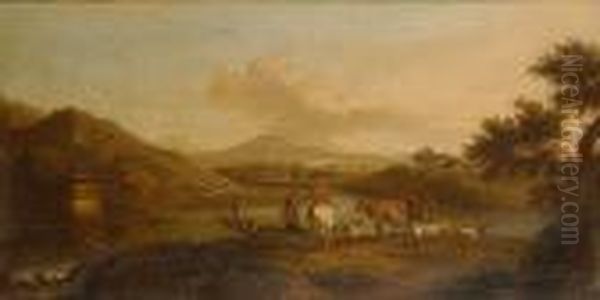 A River Landscape With A Drover And His Flock On A Bank With A Ferry Nearby Oil Painting by Nicolaes Berchem