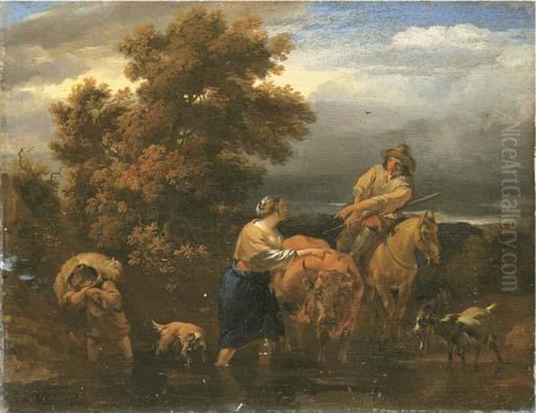 An Italianate River Landscape With Drovers At A Ford At Dusk Oil Painting by Nicolaes Berchem